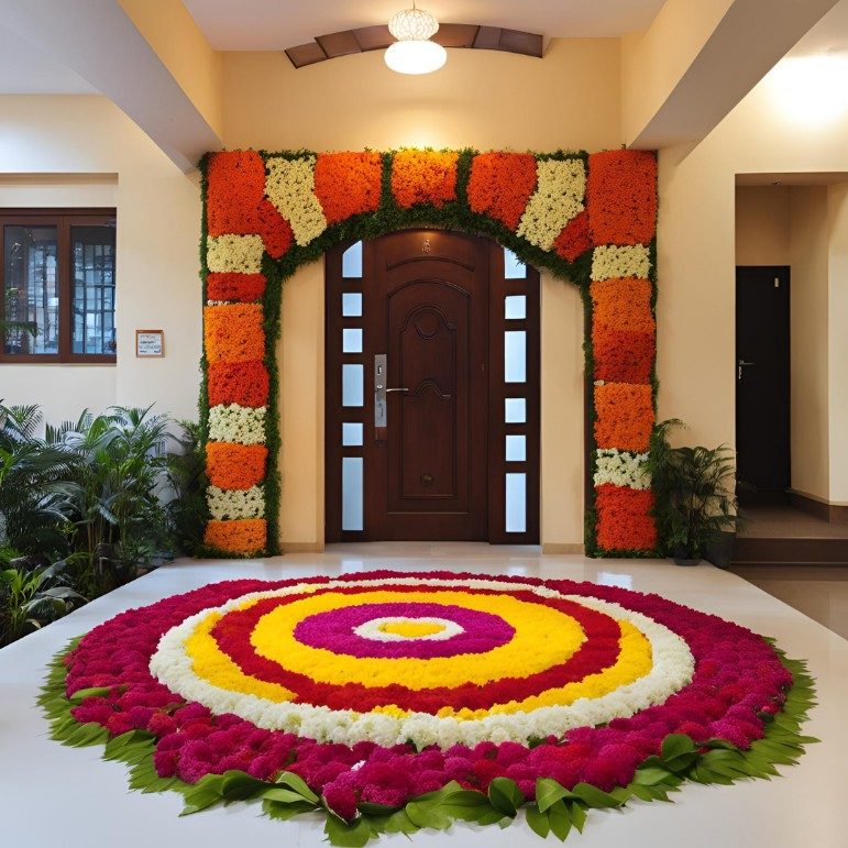 entrance with pookalam and lamps_JSW_paints